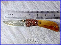 CUSTOM FOLDING KNIFE DAMASCUS STEEL Handmade Cow horn Copper ARTS CRAFTS RARE