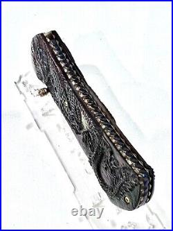 CUSTOM FOLDING KNIFE DAMASCUS STEEL PEARL carved Dragon RARE S. JANGTANONG S-21