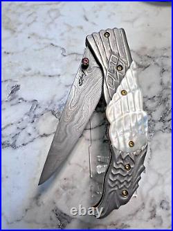CUSTOM FOLDING KNIFE DAMASCUS STEEL Pearl carved eagle RARE S. JANGTANONG S-10