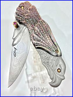 CUSTOM FOLDING KNIFE DAMASCUS STEEL Pearl carved eagle RARE S. JANGTANONG S-18