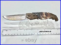 CUSTOM FOLDING KNIFE DAMASCUS STEEL Pearl carved eagle RARE S. JANGTANONG S-19