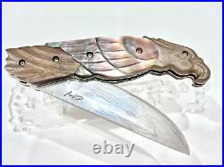 CUSTOM FOLDING KNIFE DAMASCUS STEEL Titanium PEARL CARVED Eagle ART CRAFT RARE-1