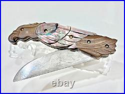 CUSTOM FOLDING KNIFE DAMASCUS STEEL Titanium PEARL CARVED Eagle ART CRAFT RARE-1