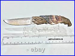 CUSTOM FOLDING KNIFE DAMASCUS STEEL Titanium PEARL CARVED Eagle ART CRAFT RARE-1