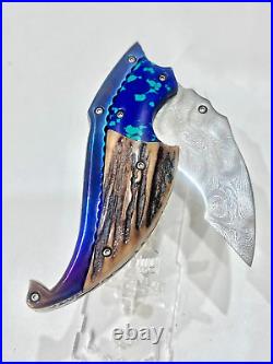 CUSTOM FOLDING KNIFE DAMASTEEL Damascus steel Antler Titanium RARE LEK BOVI L-03