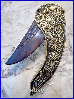 CUSTOM FOLDING KNIFE MOSAIC DAMASCUS STEEL carved brass RARE S. JANGTANONG S-04