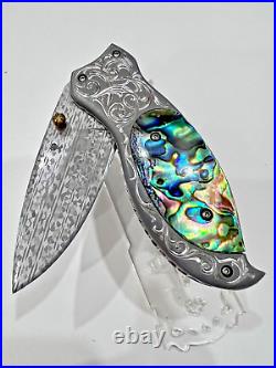 CUSTOM FOLDING KNIFE Mosaic Damascus Steel engraving Abalone RARE LEK BOVI L-9