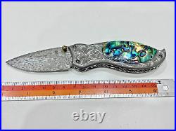 CUSTOM FOLDING KNIFE Mosaic Damascus Steel engraving Abalone RARE LEK BOVI L-9