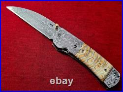 CUSTOM FOLDING KNIFE Stainless Damascus STEEL Fossil Titanium Craft Art RARE #18