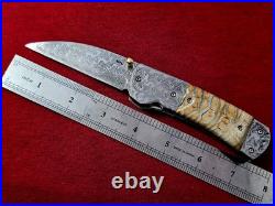 CUSTOM FOLDING KNIFE Stainless Damascus STEEL Fossil Titanium Craft Art RARE #18