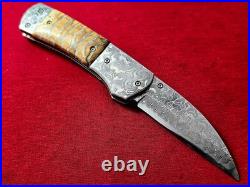 CUSTOM FOLDING KNIFE Stainless Damascus STEEL Fossil Titanium Craft Art RARE #18