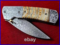 CUSTOM FOLDING KNIFE Stainless Damascus STEEL Fossil Titanium Craft Art RARE #18