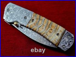 CUSTOM FOLDING KNIFE Stainless Damascus STEEL Fossil Titanium Craft Art RARE #18