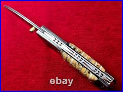 CUSTOM FOLDING KNIFE Stainless Damascus STEEL Fossil Titanium Craft Art RARE #18