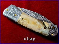 CUSTOM FOLDING KNIFE Stainless Damascus STEEL Fossil Titanium Craft Arts RARE #7