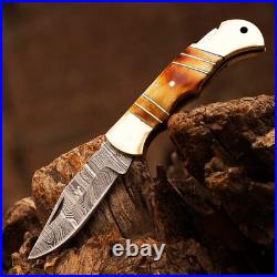 CUSTOM HAND FORGED DAMASCUS STEEL CAMPING FOLDING POCKET KNIFE WithSheath