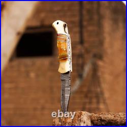 CUSTOM HAND FORGED DAMASCUS STEEL CAMPING FOLDING POCKET KNIFE WithSheath