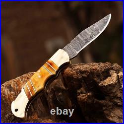CUSTOM HAND FORGED DAMASCUS STEEL CAMPING FOLDING POCKET KNIFE WithSheath