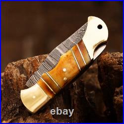 CUSTOM HAND FORGED DAMASCUS STEEL CAMPING FOLDING POCKET KNIFE WithSheath