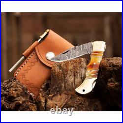 CUSTOM HAND FORGED DAMASCUS STEEL CAMPING FOLDING POCKET KNIFE WithSheath