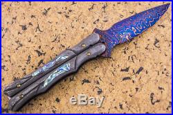 CUSTOM HANDMADE Folding Balisong Knife Color Damascus Abalone 24K Gold Screw FS