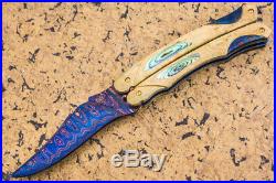 CUSTOM HANDMADE Folding Balisong Knife Color Damascus Burl Wood 24K Screw FS
