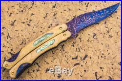CUSTOM HANDMADE Folding Balisong Knife Color Damascus Burl Wood 24K Screw FS
