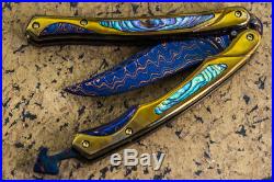 CUSTOM HANDMADE Folding Knife Color Damascus Abalone Balisong 24K Gold Screw FS
