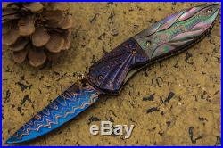 CUSTOM HANDMADE Folding Knife Color Damascus Black Pearl 24K Gold Screw Amethyst