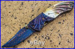 CUSTOM HANDMADE Folding Knife Color Damascus Black Pearl 24K Gold Screw Topaz