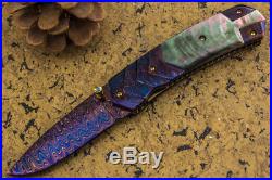 CUSTOM HANDMADE Folding Knife Color Damascus Black Pearl 24K Screw Titanium FS