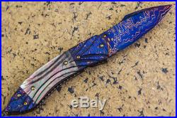 CUSTOM HANDMADE Folding Knife Color Damascus Black Pearl 24K Screw Titanium Gem