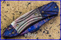 CUSTOM HANDMADE Folding Knife Color Damascus Black Pearl 24K Screw Titanium Gem