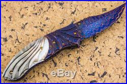 CUSTOM HANDMADE Folding Knife Color Damascus Black Pearl Topaz 24K Gold Screw FS
