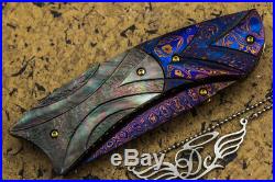 CUSTOM HANDMADE Folding Knife Color Damascus Black Peral 24K Gold Screw Garnet