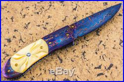 CUSTOM HANDMADE Folding Knife Color Damascus Honey Pearl Topaz 24K Gold Screw FS