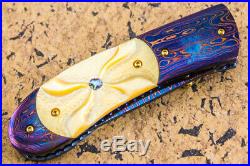 CUSTOM HANDMADE Folding Knife Color Damascus Honey Pearl Topaz 24K Gold Screw FS