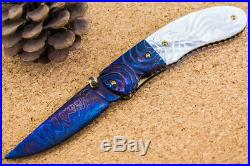 CUSTOM HANDMADE Folding Knife Color Damascus White Pearl 24K Gold Screw Amethyst