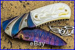 CUSTOM HANDMADE Folding Knife Color Damascus Yellow Pearl 24K Screw Titanium FS