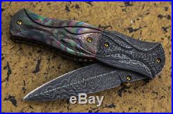CUSTOM HANDMADE Folding Knife Dagger Damascus Black Pearl 24K Screw Amethyst FS