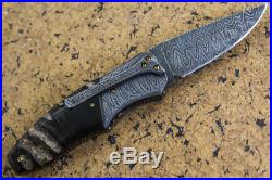 CUSTOM HANDMADE Folding Knife Damascus Bull Horn Handle 24K Gold Screw Titanium