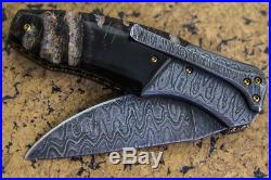 CUSTOM HANDMADE Folding Knife Damascus Bull Horn Handle 24K Gold Screw Titanium