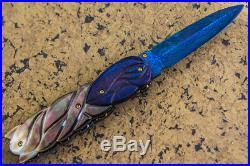 CUSTOM HANDMADE Folding Knife Damascus Dagger Black Pearl 24K Screw Titanium FS