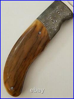 Carlton Evans Custom Handmade Linerlock Folding Knife Damascus Bolsters Mammoth