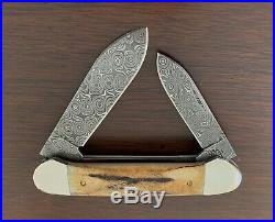 Case Canoe Folding Knife #6098 Thomas Raindrop Damascus Blades India Stag handle