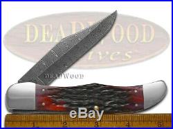 Case XX Damascus Folding Hunter Knife Jigged Crimson Red Bone Pocket 74174