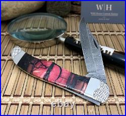 Case XX Wild Horse Custom Exotic Red FOSSIL Damascus Folding Hunter Knife #1