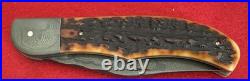 Chuck Hawes Custom Folding Hunter Knife, Stag Jig Bone, Damascus