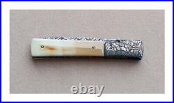 Cliff Parker Folding Knife, Fossil Walrus Inlay,'Spring Fever' Damascus Steel