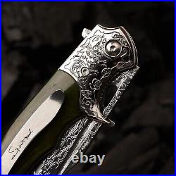 Clip Point Folding Knife Pocket Hunting Survival Camp Damascus Steel Bone Handle